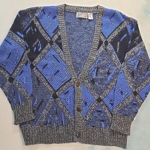 VTG Method Mens L Cardigan Sweater Blue Black Geometric Argyle Wool Blend Knit
